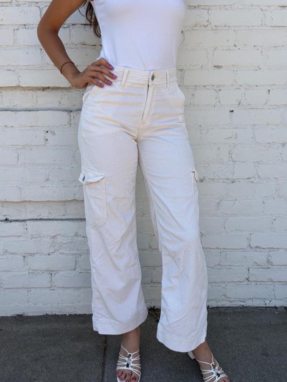 American eagle White wide leg high rise corduroy cargo pants sz 2 #streetwear - Picture 2 of 8